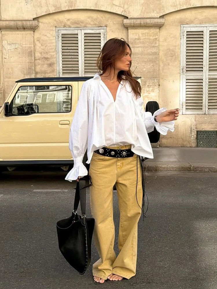 Tie Front Shirt - Kadın Beyaz V Yaka Bağcıklı Ön