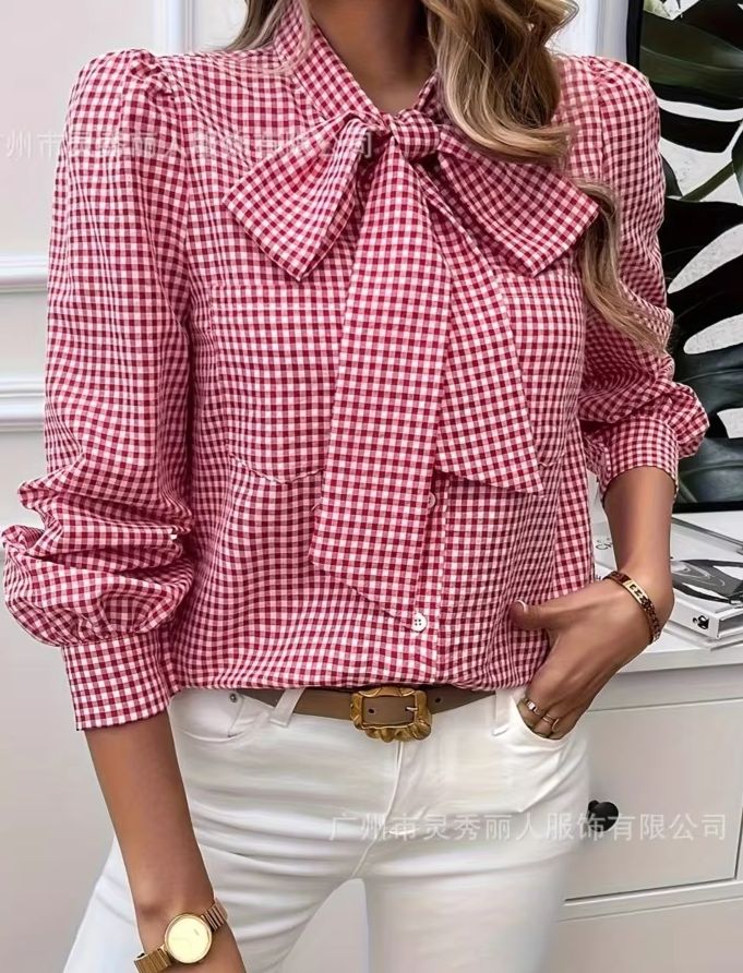 Tie Front Shirt - Kadın İlkbahar Günlük Kareli Baskılı Gömlek