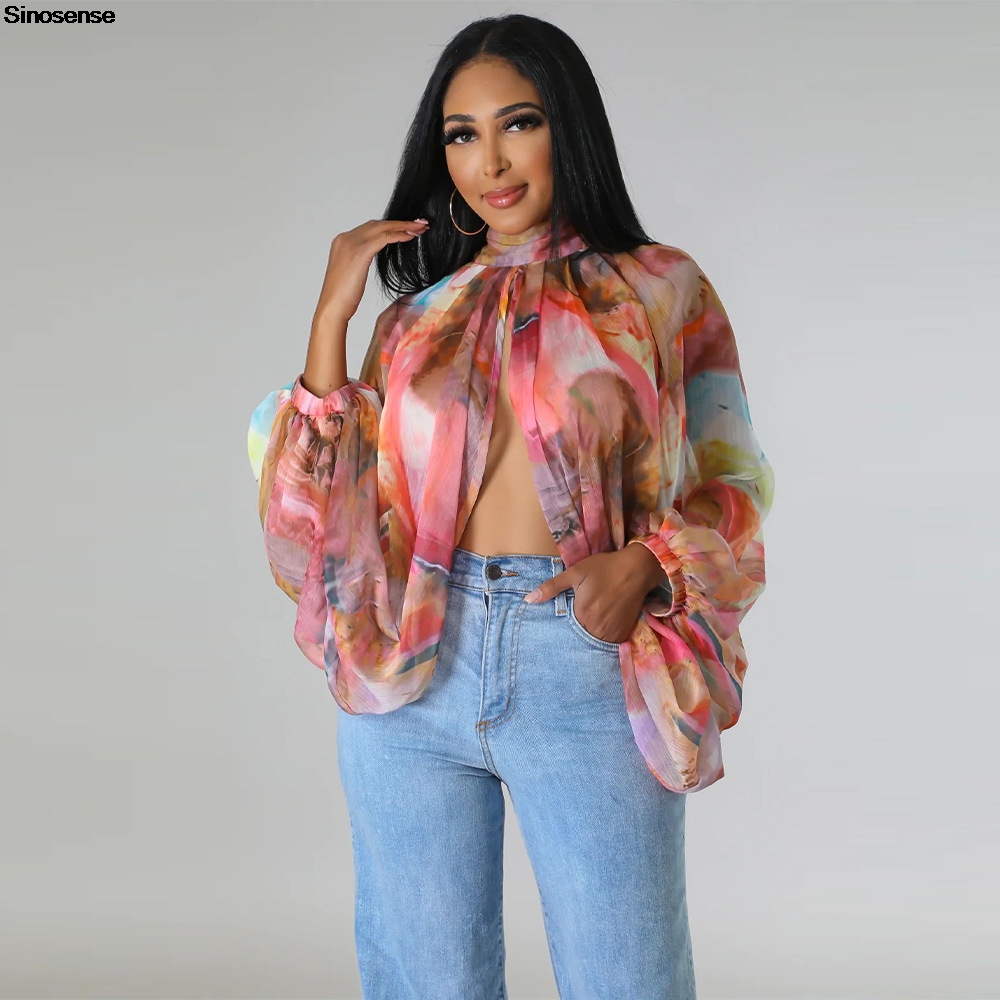 Tie Front Shirt - Kadın Şifon Bluzlar Seksi Şeffaf Ön