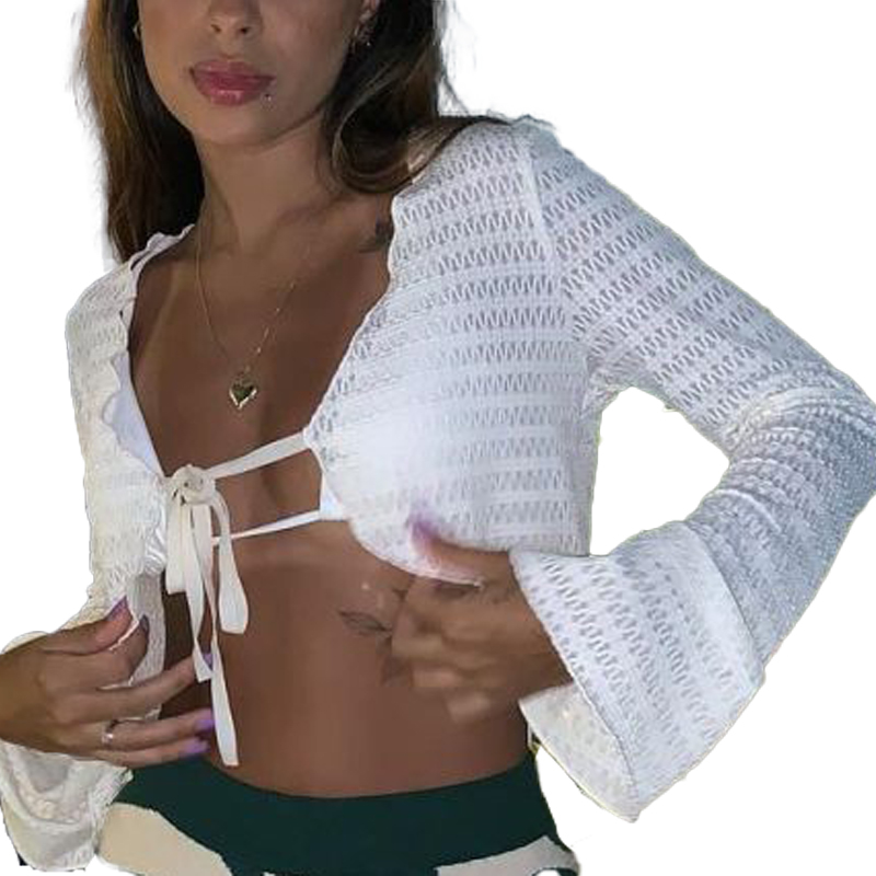 Tie Front Shirt - Kadın seksi Tie Up açık ön