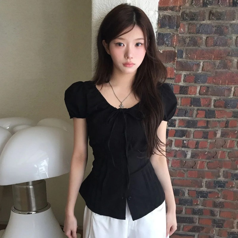 Tie Front Shirt - Kadın Siyah Puf Kollu Bluz V