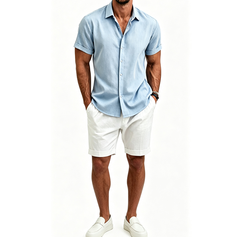 Summer Clothing Beach - Erkek Pamuklu Keten Gömlek Takımı Yazlık